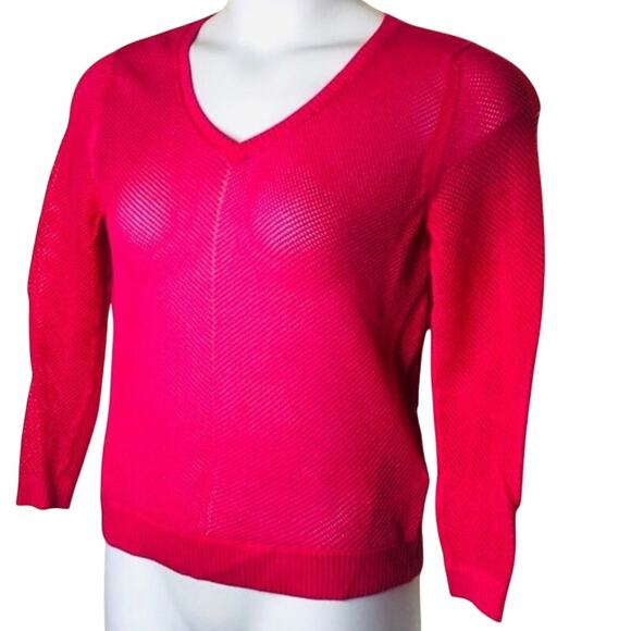 Banana Republic Bright Pink Open Knit V-Neck Sweater PS Lightweight Barbiecore - Picture 3 of 9